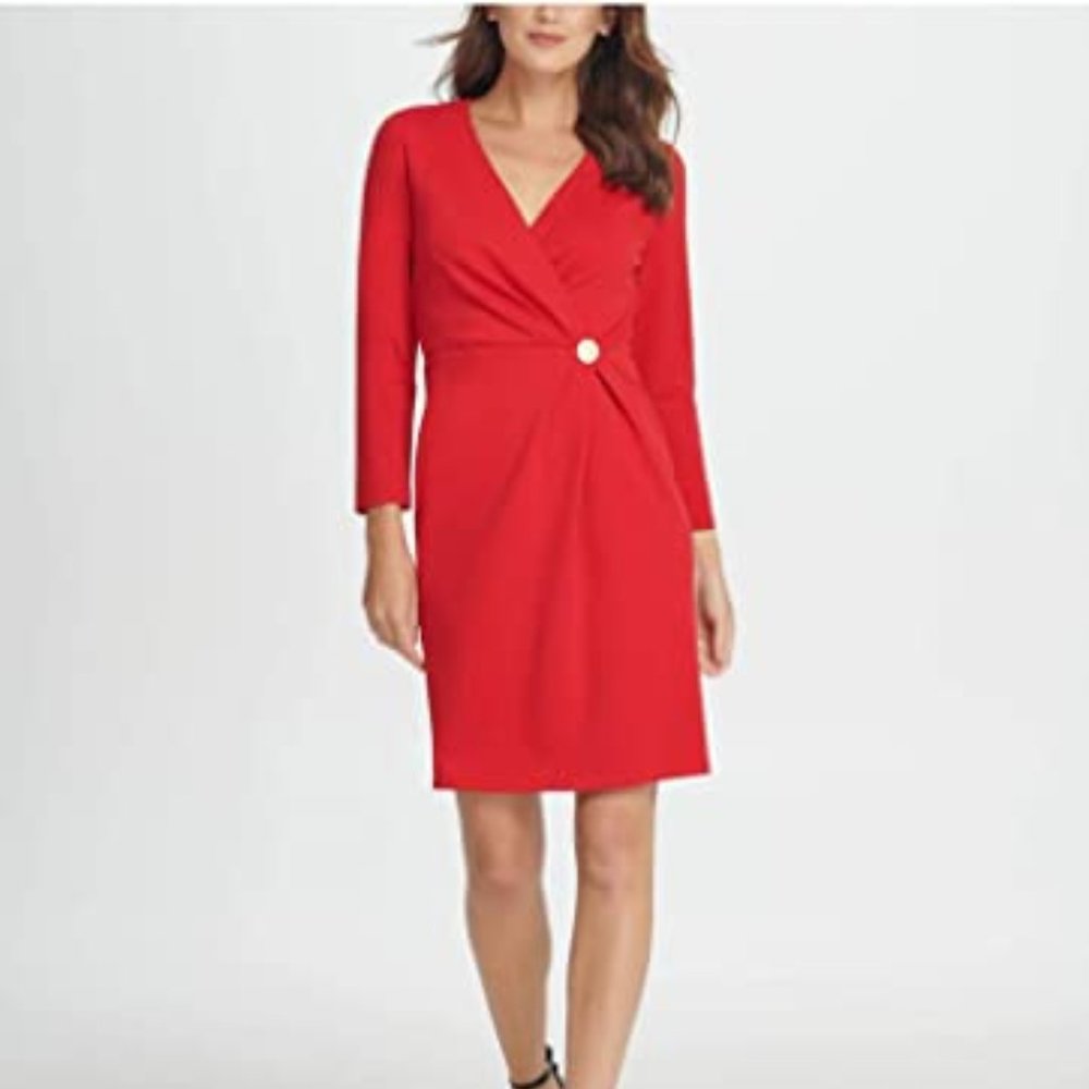 DKNY Womens Red Embellished Long Sleeve Dress